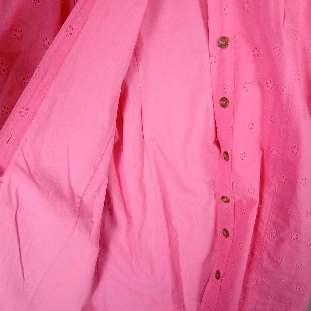 Vince Camuto Dress Womens 14 Pink Eyelet Button Front Cotton Shirt Puff Sleeve - Picture 8 of 11